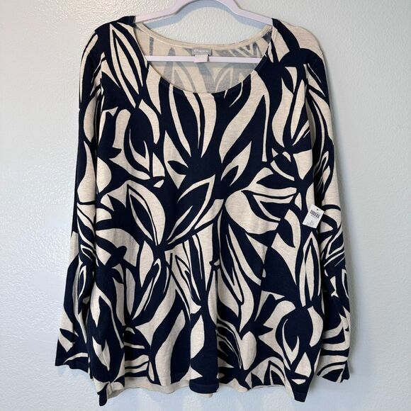Chico's Women's 3/US XL Sweater Abstract Print Navy and Cream NWT - Picture 1 of 9